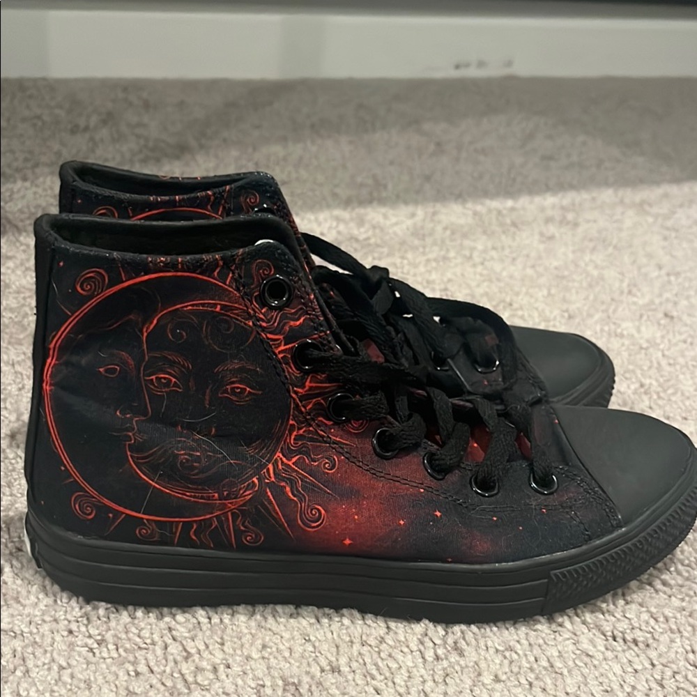 Black and Red High-Top Sneakers with Sun and Moon Design